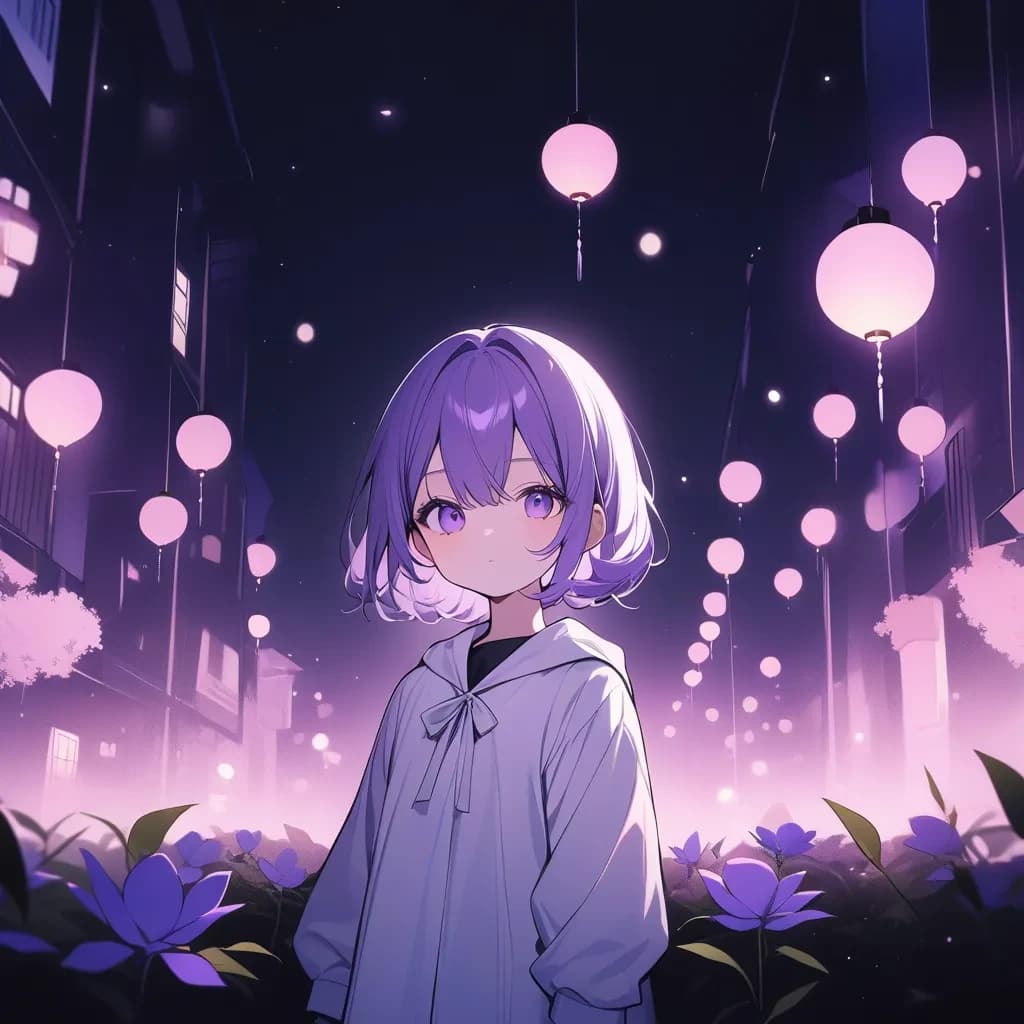 very aesthetic, high quality, rating: general, short girl, long purple hairs, night, bloom