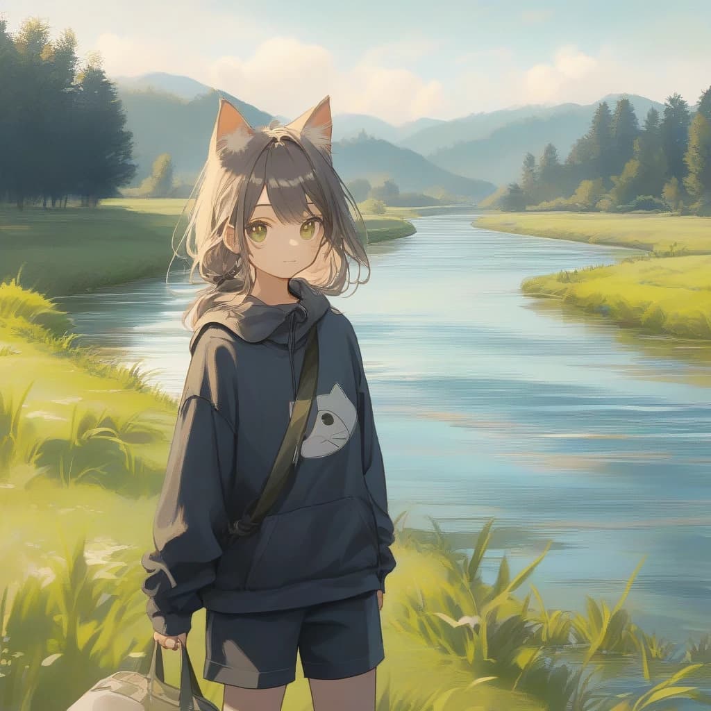 cat girl. river, grass in background