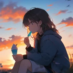 girl, sunset, sitting, eating ice cream