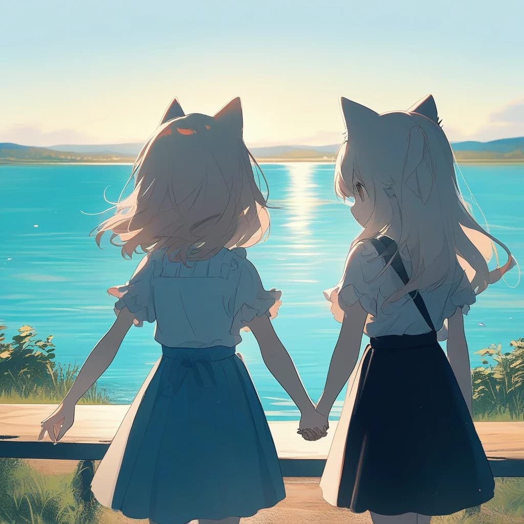 cat girls, holding hands. lake in background