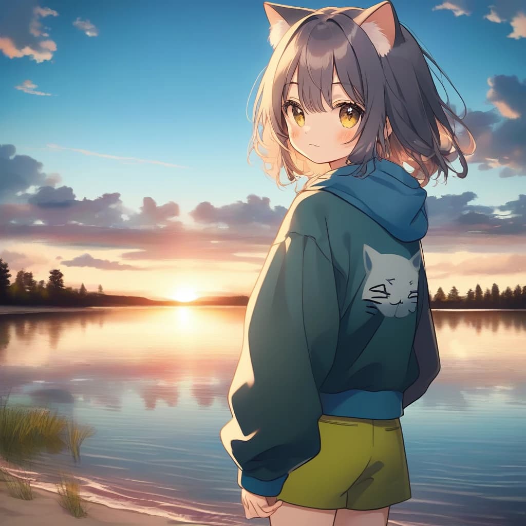 cat girl. lake, beach, sunset in background