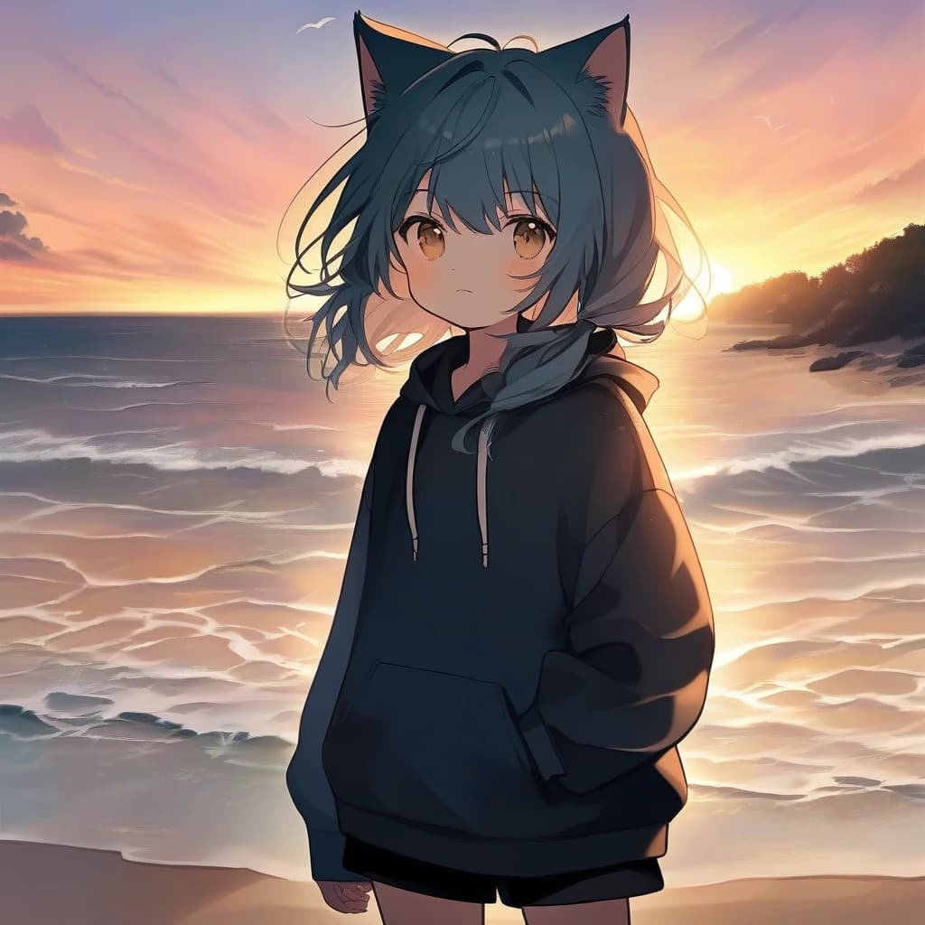 cat girl,  on beach, sunset