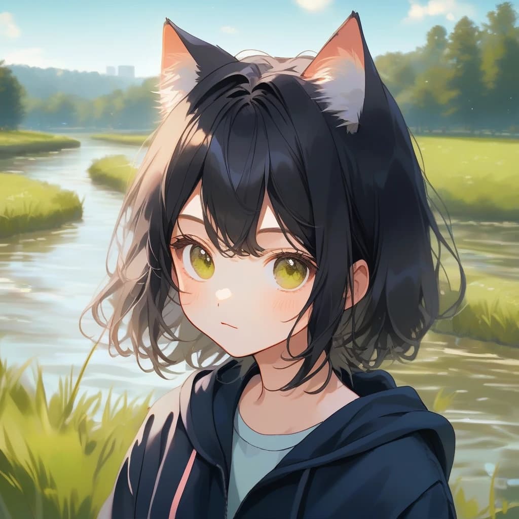 cat girl. river, grass in background