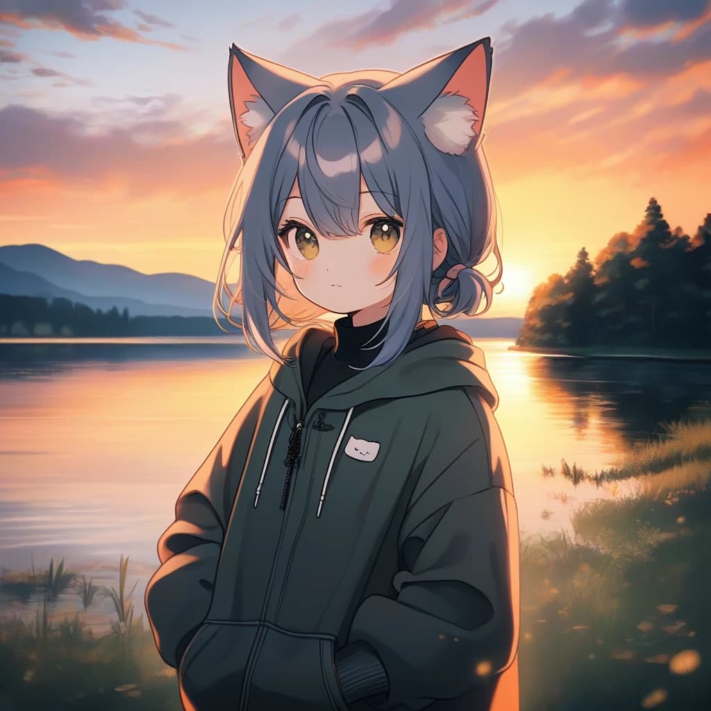 cat girl. lake, sunset in background