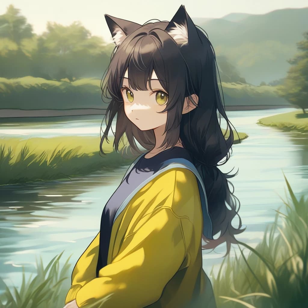 cat girl. river, grass in background