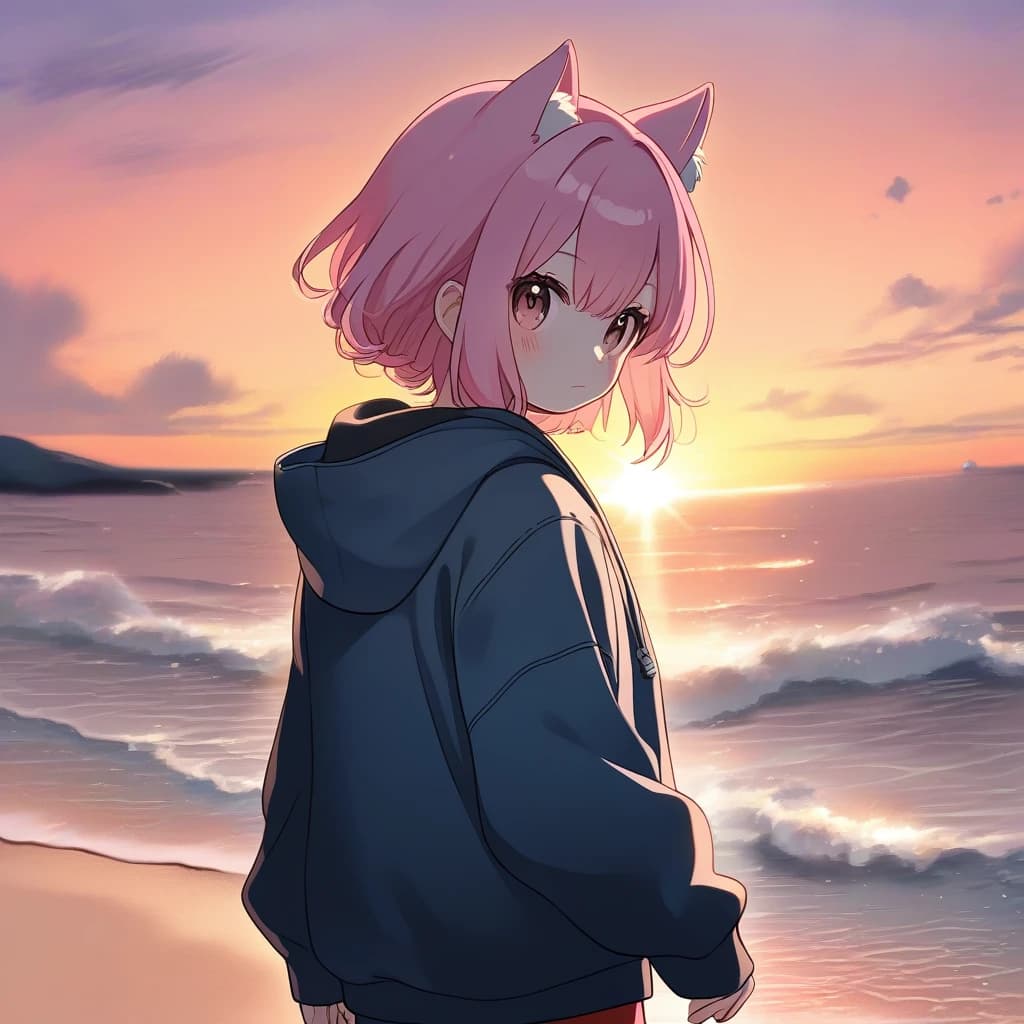 pink hair small catgirl, in a hoodie, on beach, sunset