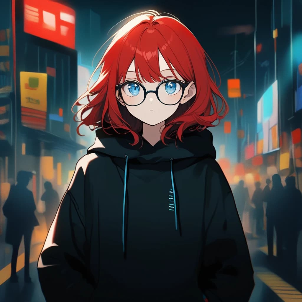 girl, short, long red hair, glasses, blue eyes, black hoodie, night