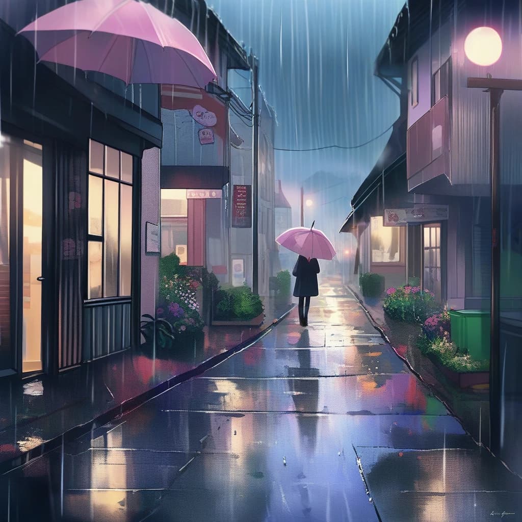 town, pink, rain