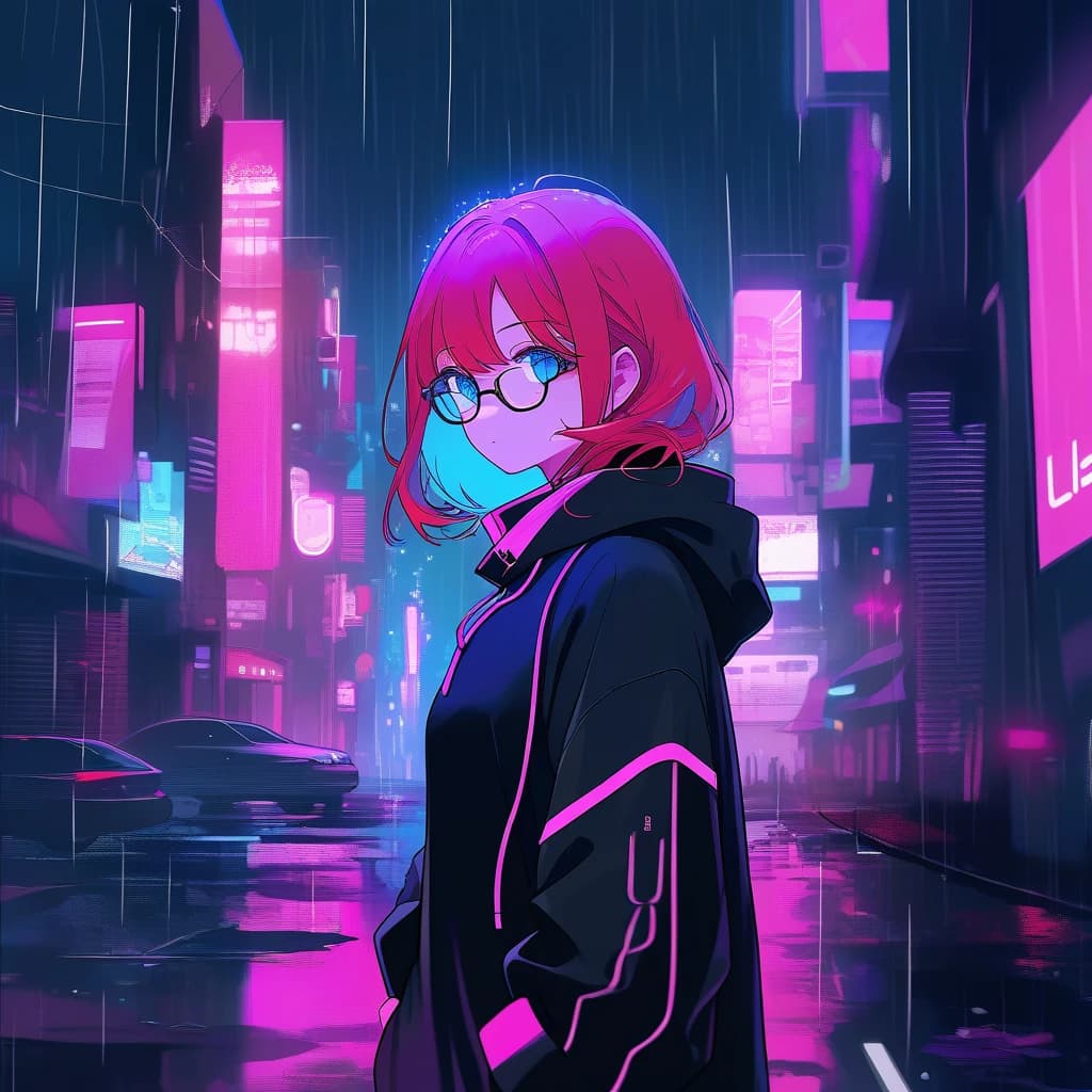 girl, short, long red hair, glasses, blue eyes, black hoodie, night. Pink cyberpunk town, rain