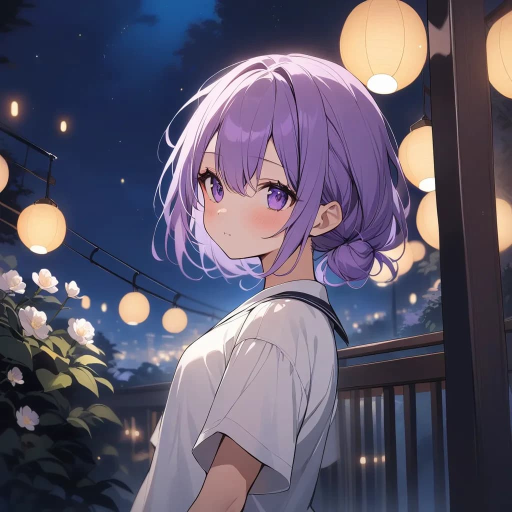 best quality, rating: sensitive, short girl, long purple hairs, night, bloom