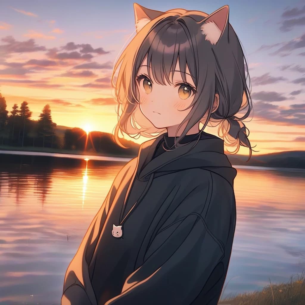 cat girl. lake, sunset in background