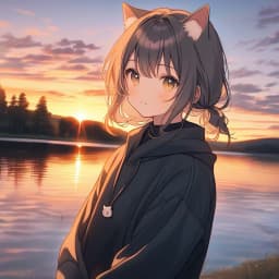 cat girl. lake, sunset in background