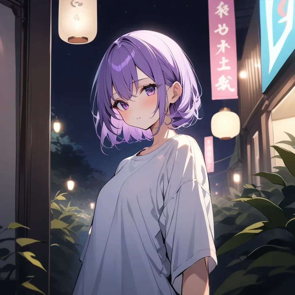 best quality, rating: sensitive, short girl, long purple hairs, night, bloom