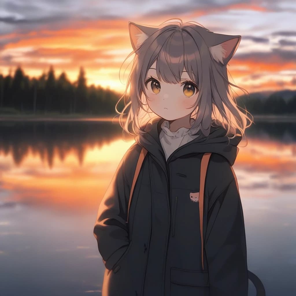 cat girl. lake, sunset in background