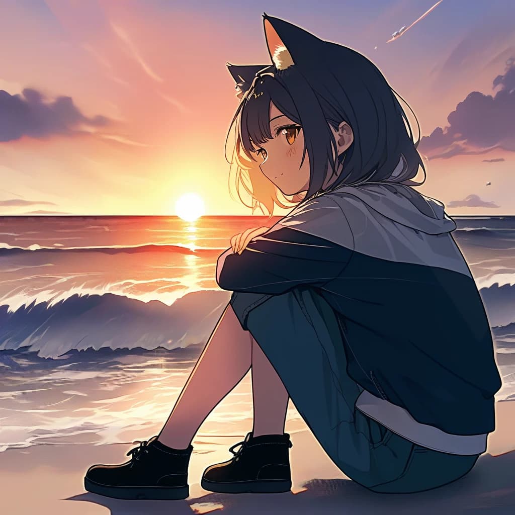 cat girl, sitting on beach, sunset